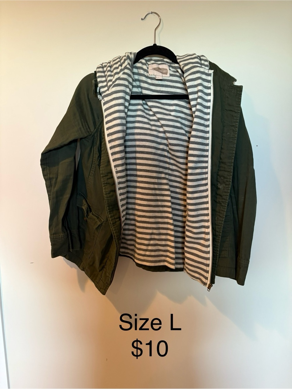 Olive Green Hooded Utility Jacket with Striped Lining